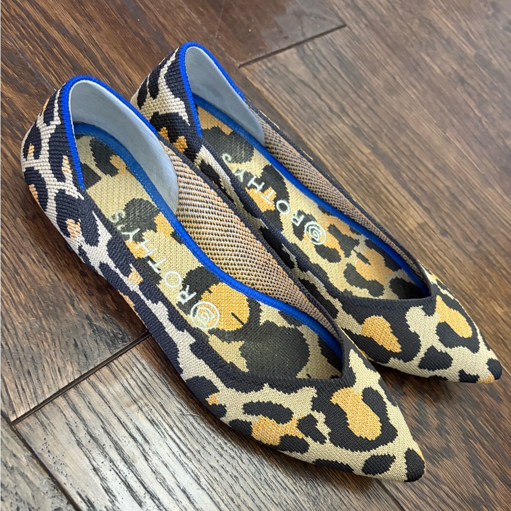 Rothy's Bold Leopard Print Flats with Blue Accents
